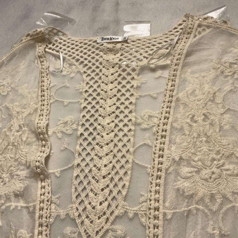 Roommates - Womens Boho Lace Duster Cardigan - Large - Ivory - Open Front , 3894 - Picture 5 of 9